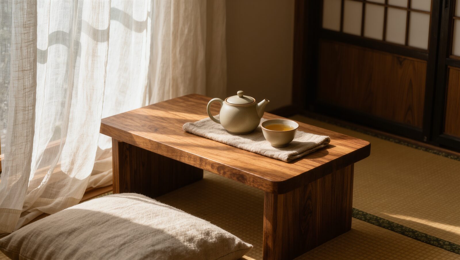 レースのカーテン越しの光が差す、急須とお茶のある静かな和室
