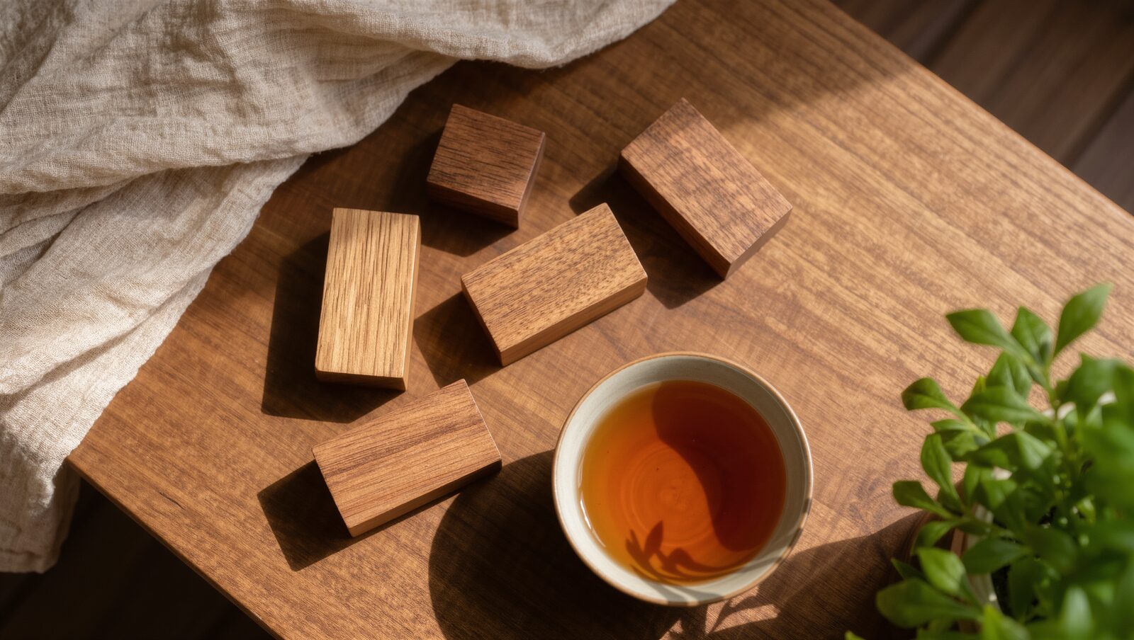 木のテーブルに並べた木片とお茶、リネン布、観葉植物