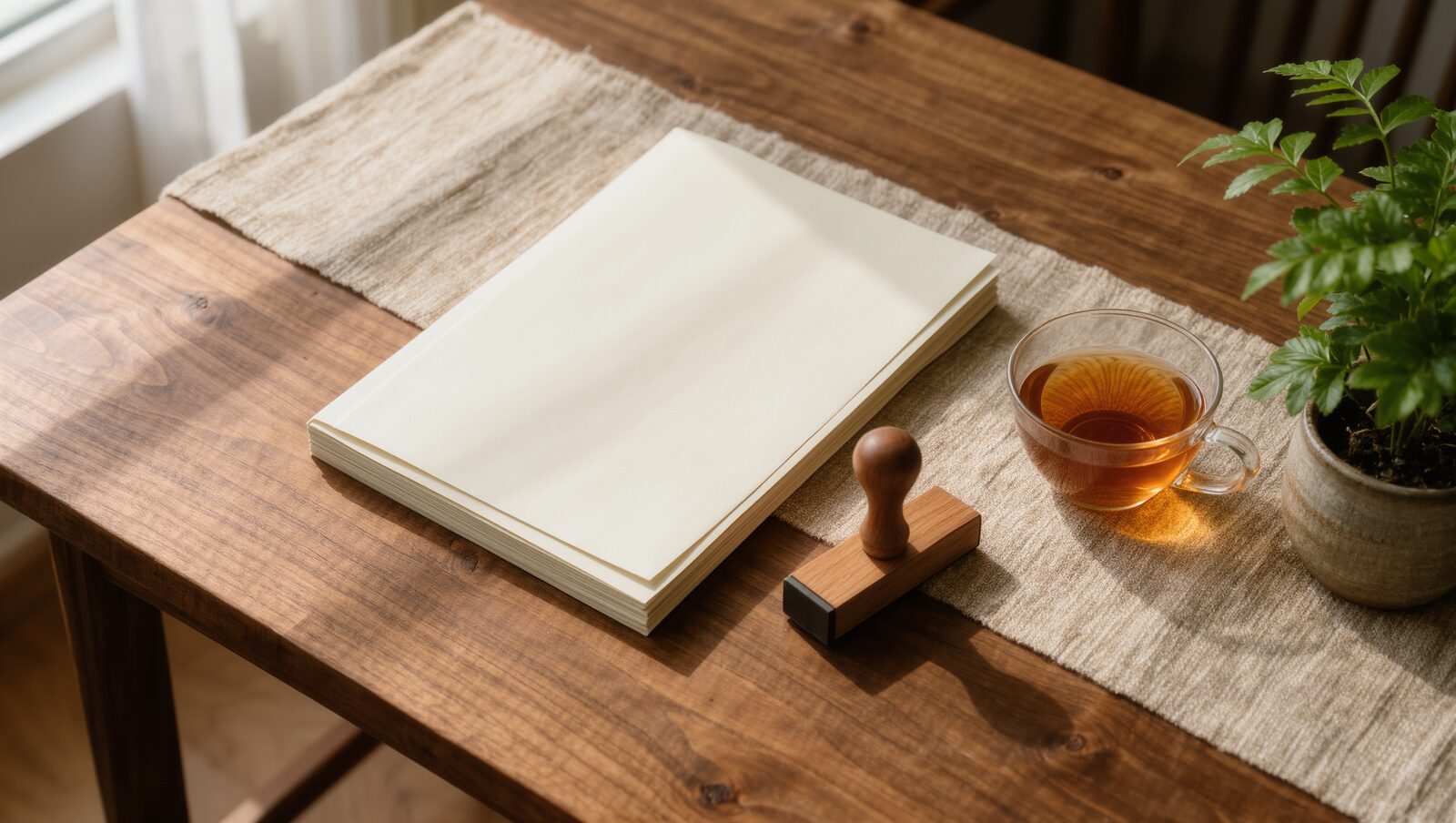 木の机に置かれた白い書類の束と木製スタンプ、お茶
