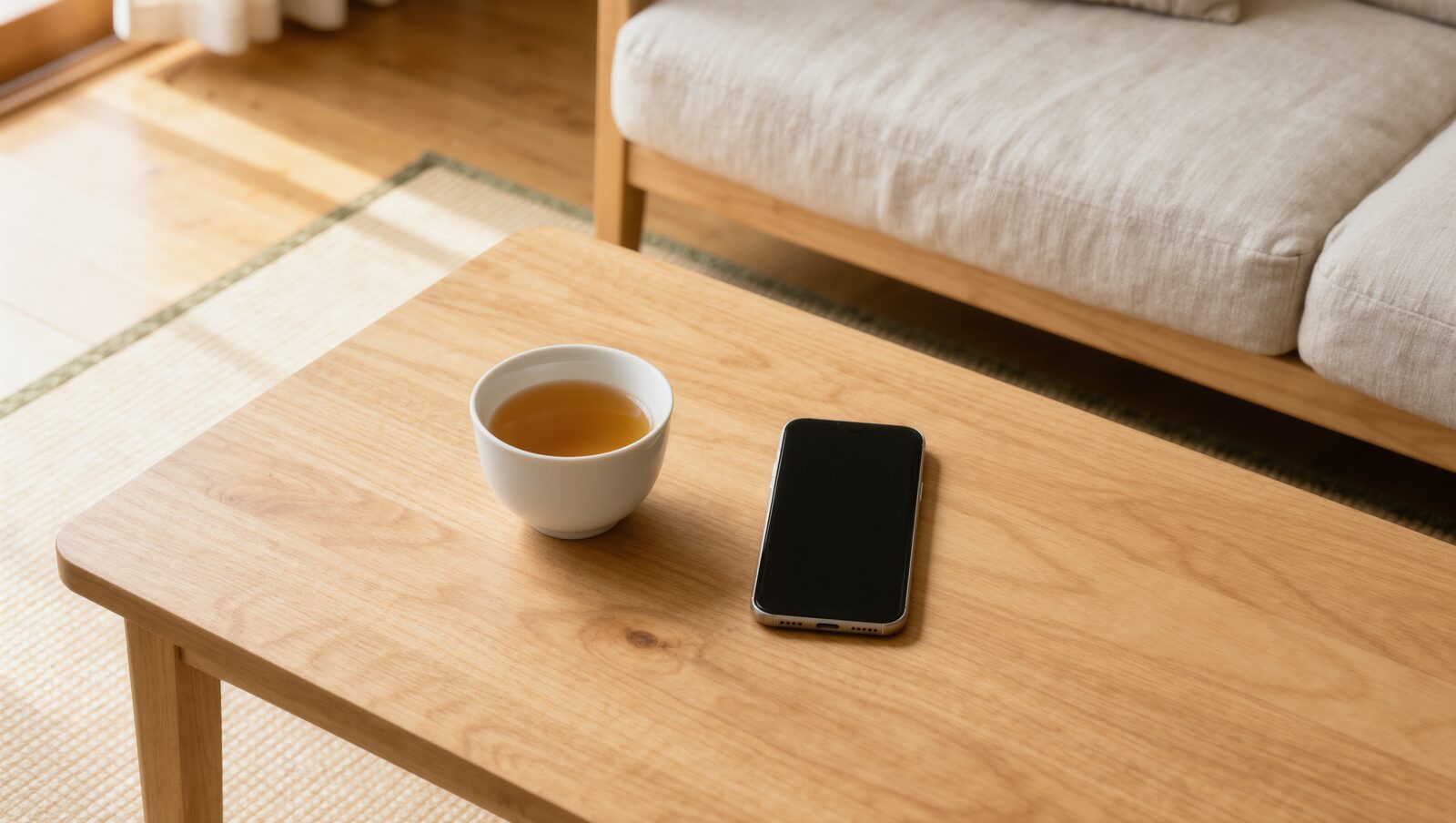 木のテーブルに置かれたお茶とスマートフォン、静かなリビング