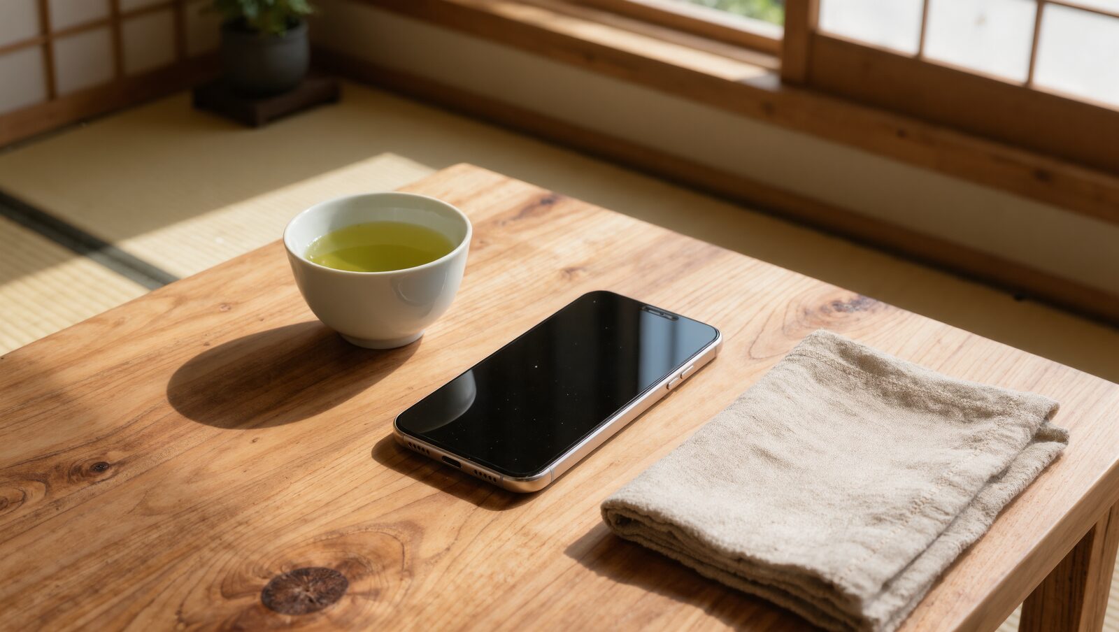 木のテーブルに置かれたスマートフォンと緑茶、静かな和室