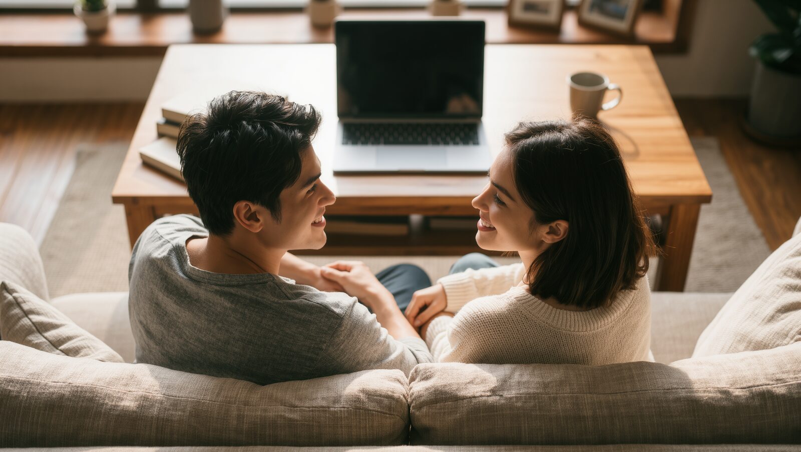 ソファに並んで座り、笑顔で話し合う夫婦の後ろ姿