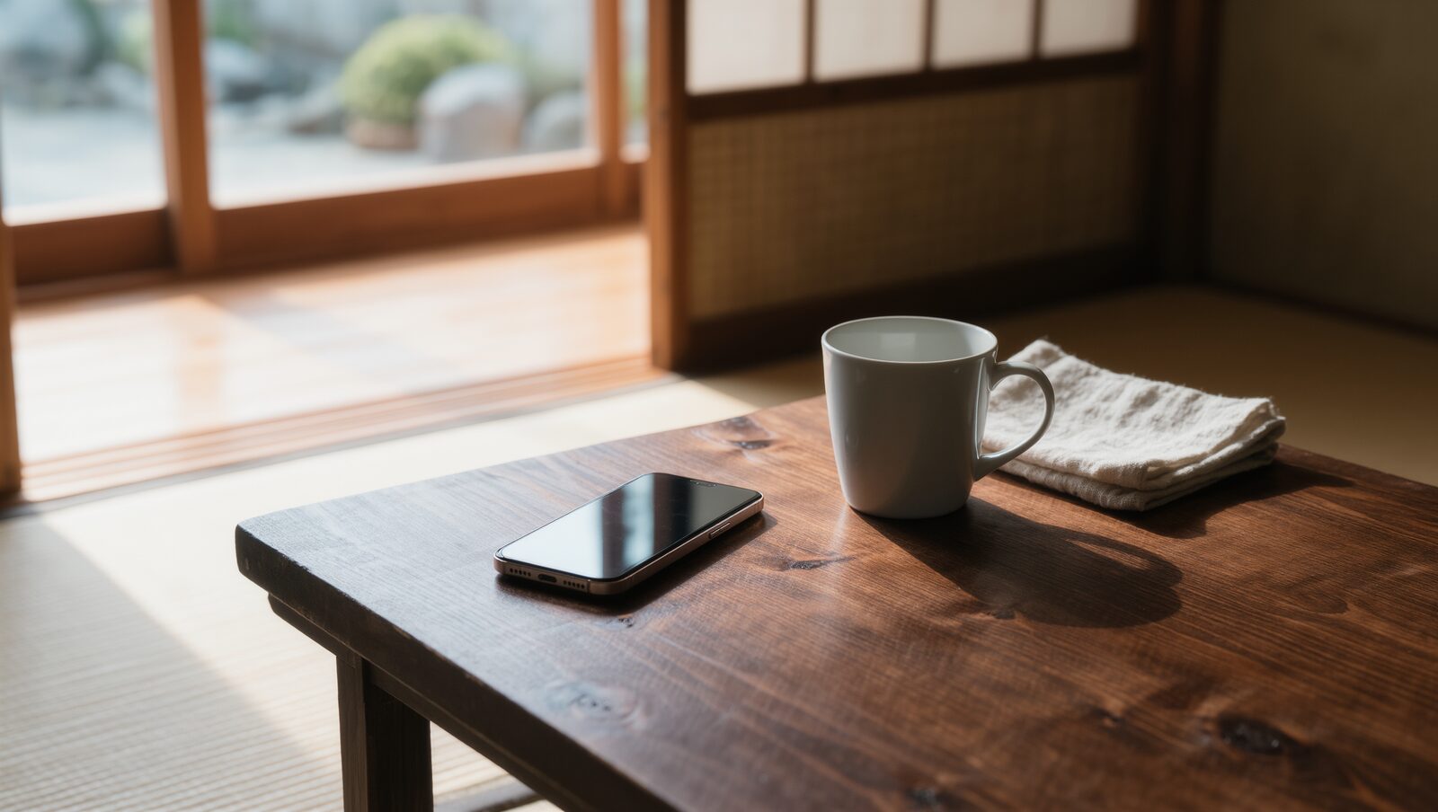 和室の木のテーブルに置かれたスマートフォンとマグカップ