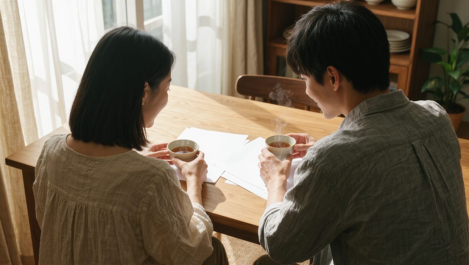 日当たりのよい食卓でお茶を飲みながら書類を見る夫婦の後ろ姿