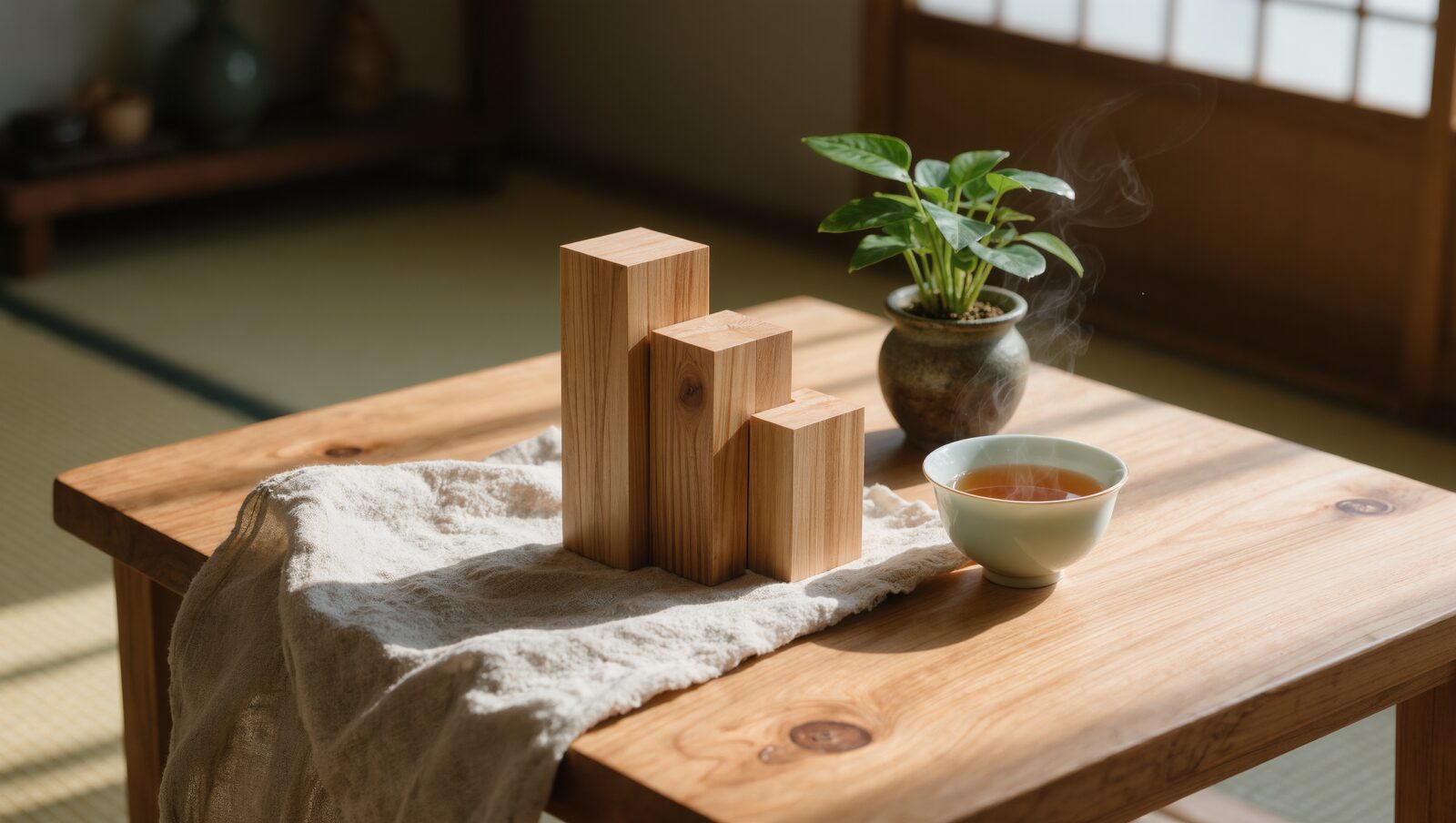 高さの違う3つの木のブロックと湯気の立つお茶、観葉植物