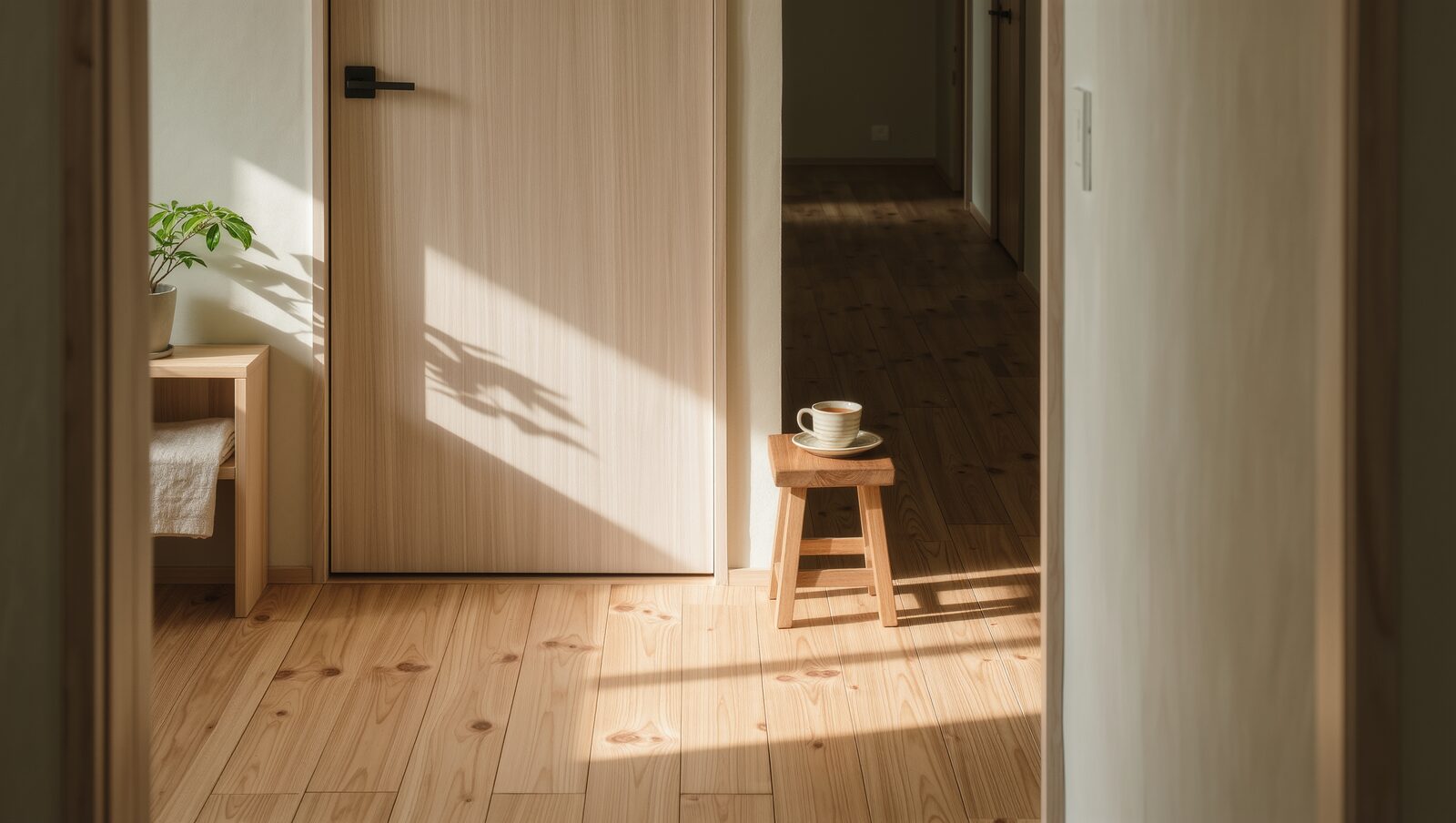 静かな玄関と廊下に差し込む光、スツールの上のお茶