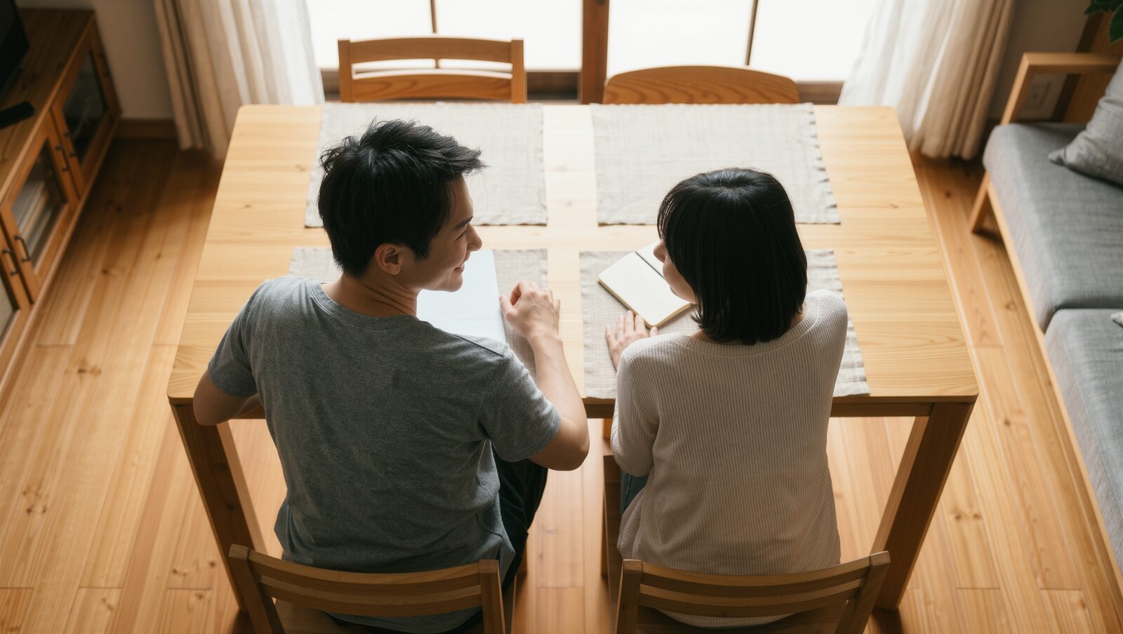 ダイニングテーブルで話し合う夫婦の後ろ姿