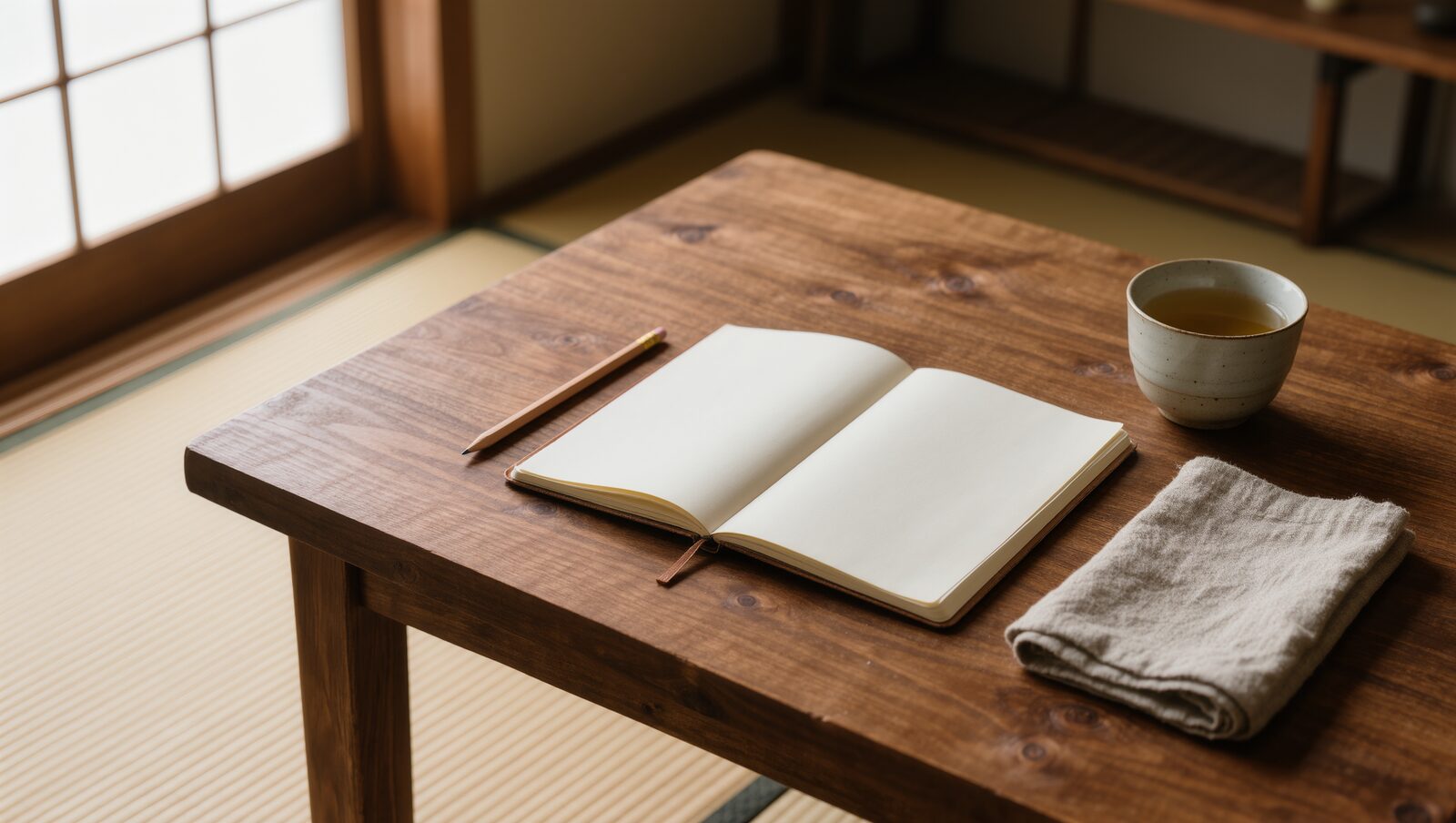 木の机の上に開いた白紙のノートと鉛筆、お茶、麻の布